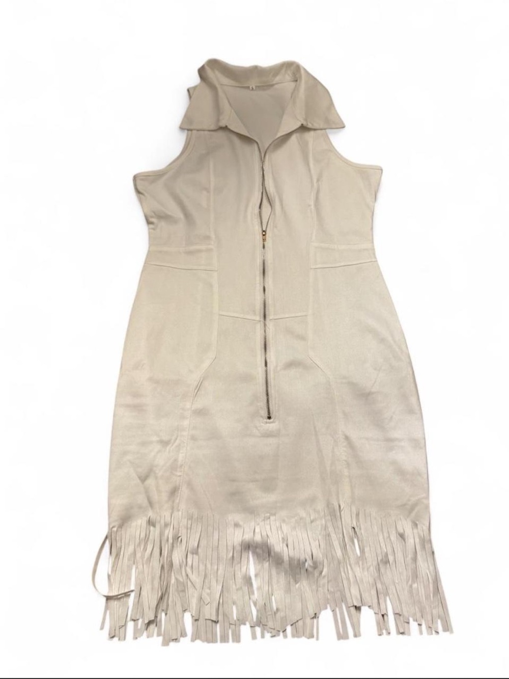 Sleeveless Fringe Zip-Front Dress in White